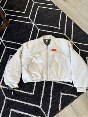 ethika White Bomber Jacket with Small Orange Patch